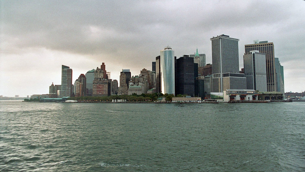 Lower Manhattan skyline across the water on an overcast day